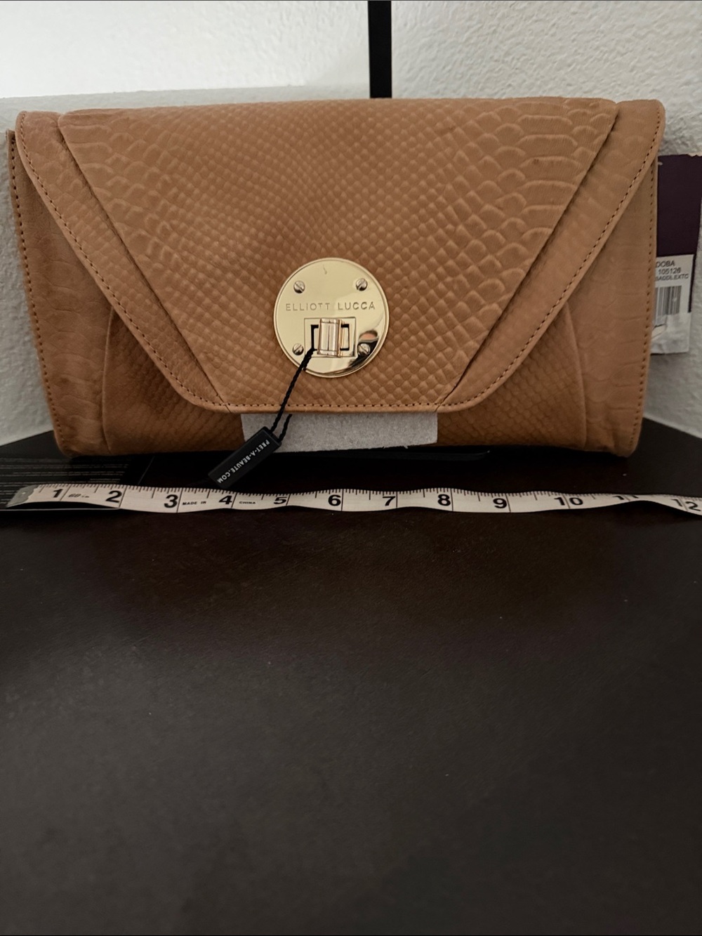 Elliott Lucca Leather Tan Exotic Envelope Clutch Bag.